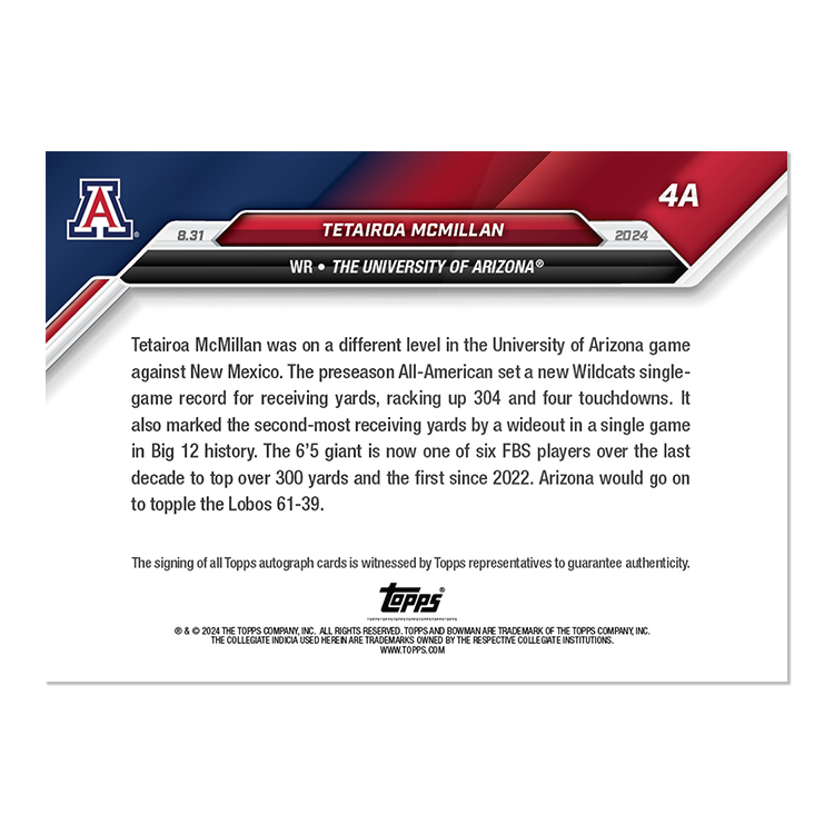 On-Card Autograph # to 49 or Lower - Tetairoa McMillan - 2024 Bowman U Now Card 4 - Image 4