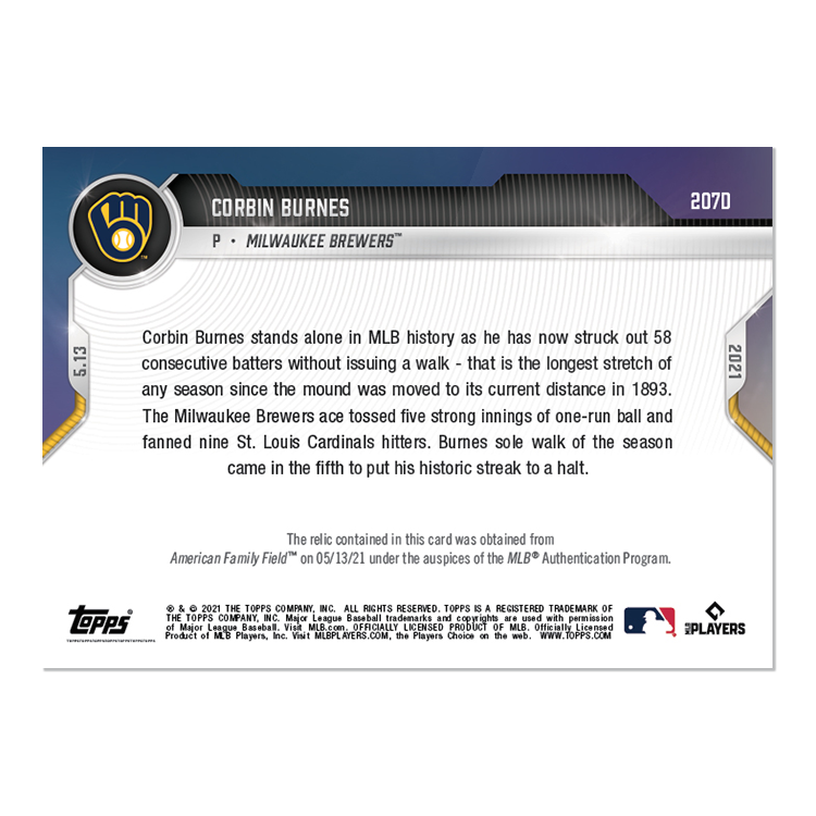 Game-used Ball Relic # to 1 - Corbin Burnes - 2021 MLB TOPPS NOW Card 207C - Image 2