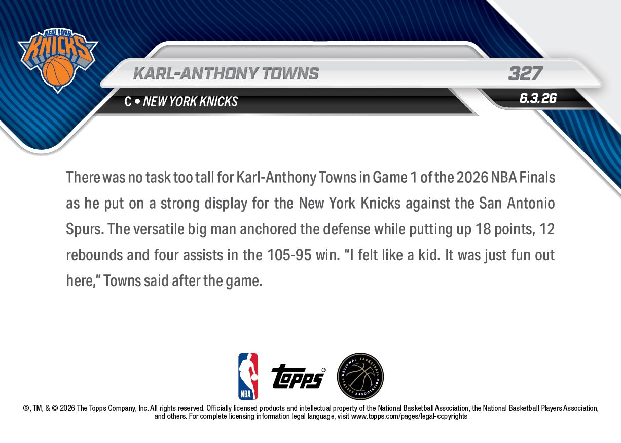 Karl-Anthony Towns - 2025-26 NBA Topps NOW - Card 327 - PR: 4501 - Image 2