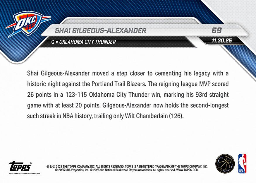 Shai Gilgeous-Alexander - 2025-26 NBA Topps NOW - Card 69 - PR: 1095 - Image 2