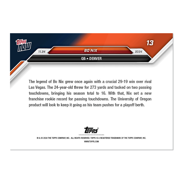 Bo Nix - 2024 Topps NOW Football Card 13 - PR: 2793 - Image 2