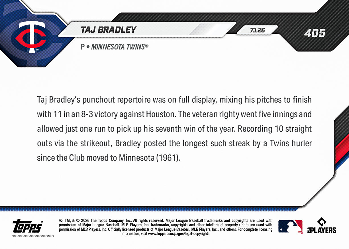 Taj Bradley - 2026 MLB Topps NOW - Card 405 - PR: 447 - Image 2