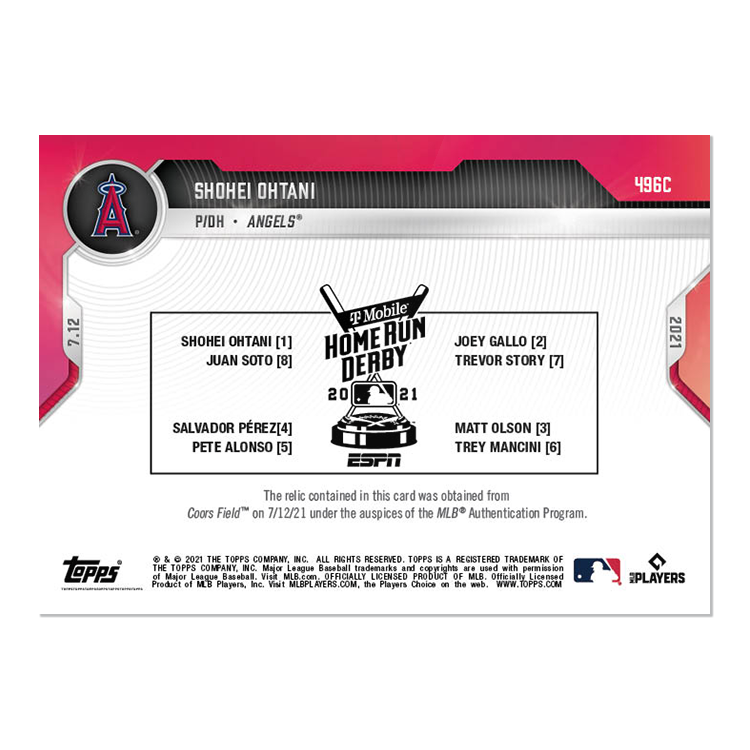 Home Run Derby Ball Relic # to 1 - Shohei Ohtani - 2021 MLB TOPPS NOW Card 496C - Image 2