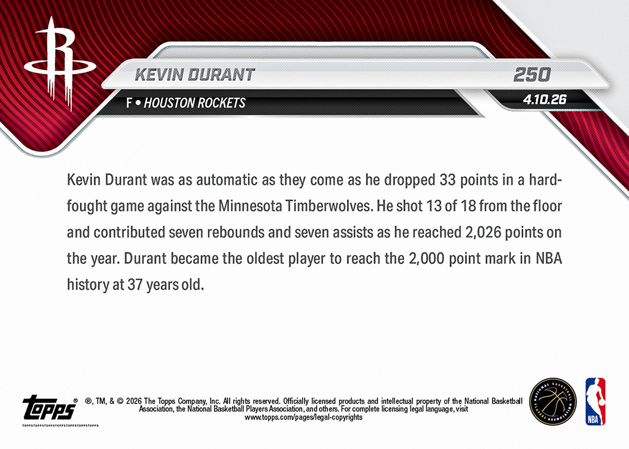 Kevin Durant - 2025-26 NBA Topps NOW - Card 250 - PR: 759 - Image 2