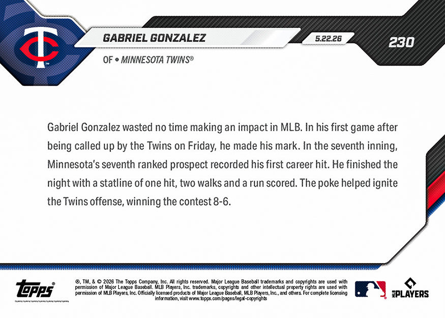 Gabriel Gonzalez - 2026 MLB Topps NOW - Card 230 - PR: 519 - Image 2
