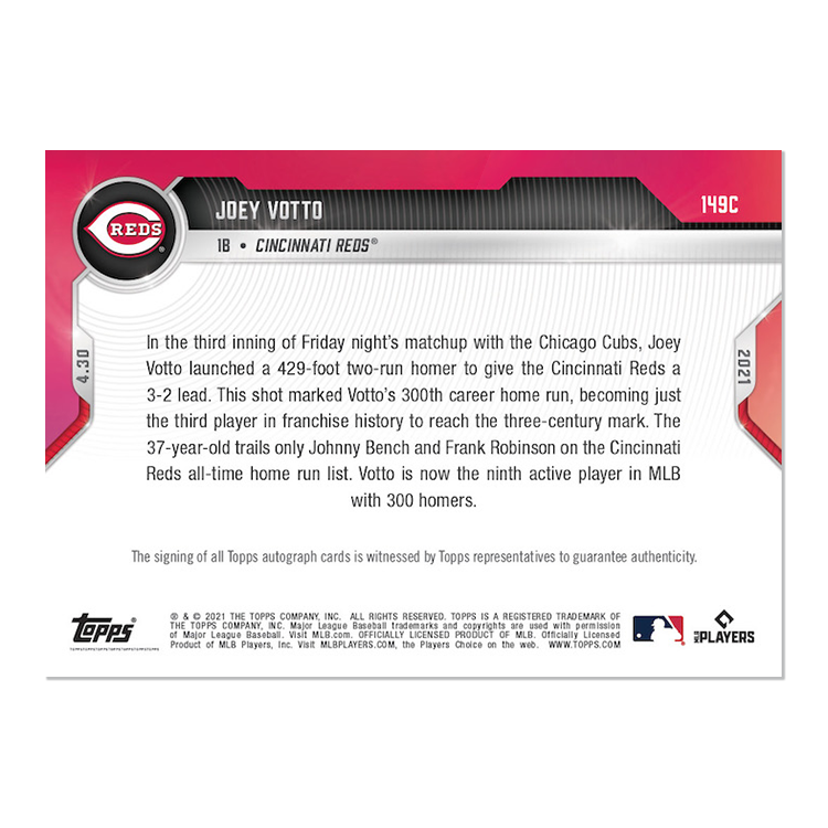 Alternative view of On-Card Auto # to 25 - Joey Votto - 2021 MLB TOPPS NOW Card 149C