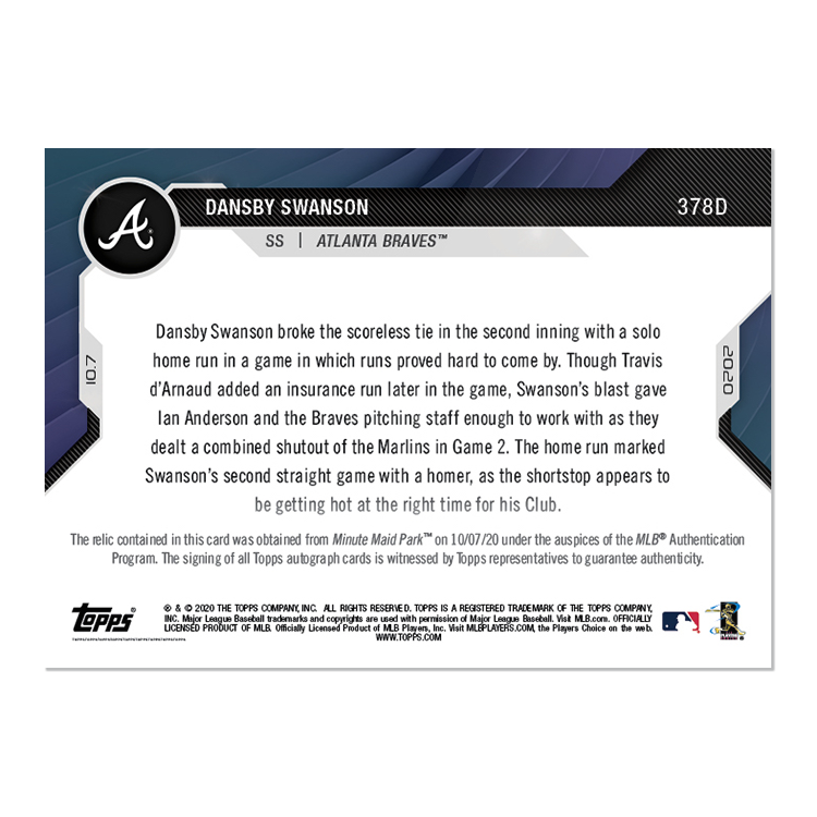 On-Card Auto-Relic # to 10 - Dansby Swanson - MLB TOPPS NOW Card 378D - Image 2