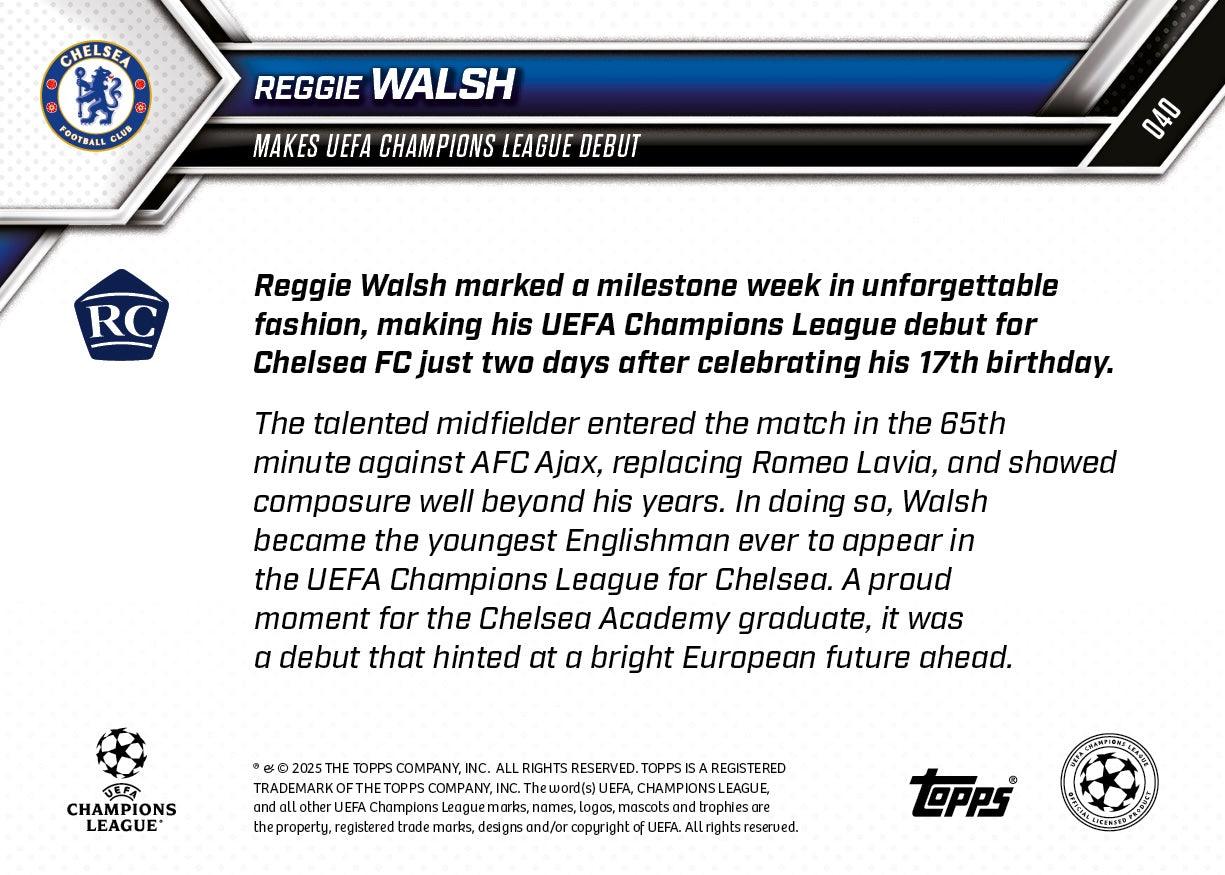 Reggie Walsh - 2025-26 UCL Topps NOW - Card 40 - PR: 850 - Image 7