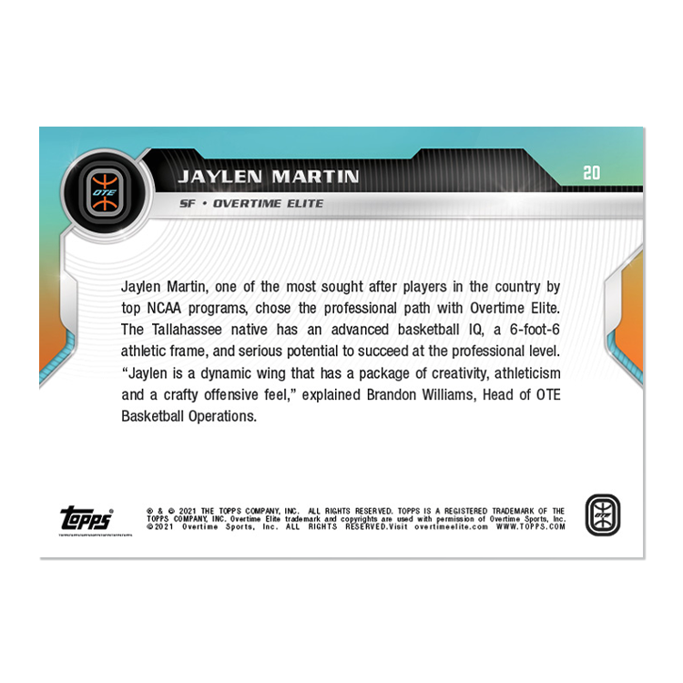 Jaylen Martin - 2021 Overtime Elite TOPPS NOW Debut Card D-20 - PR: 2181 - Image 2