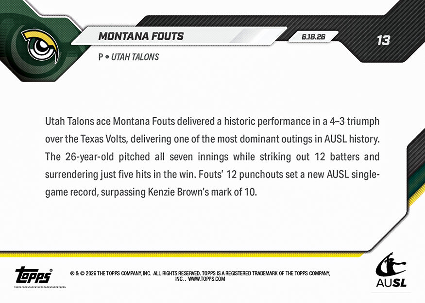 Montana Fouts - 2026 AUSL Topps NOW - Card 13 - PR: 748 - Image 2