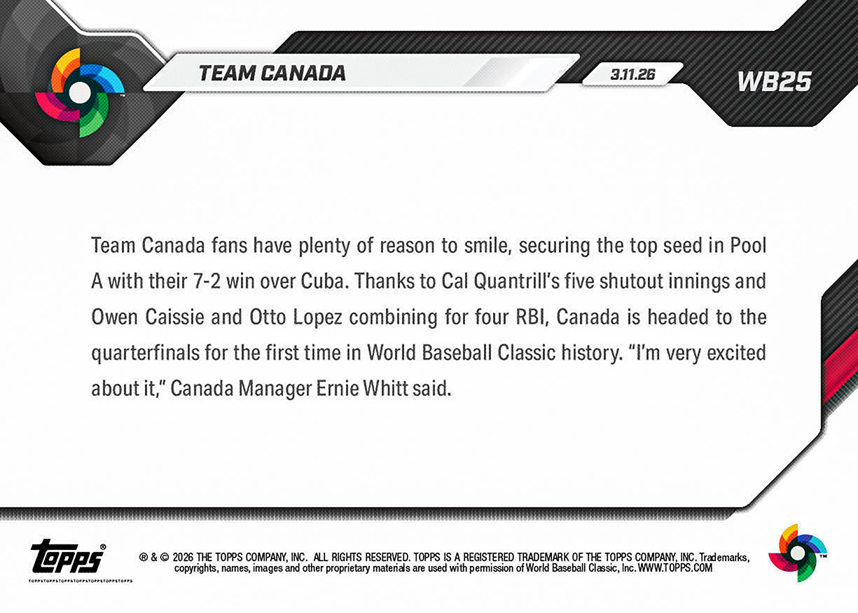 Team Canada - 2026 World Baseball Classic Topps NOW - Card 25 - PR: 835 - Image 2