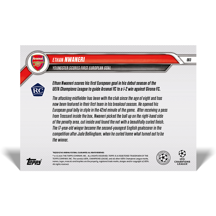 Ethan Nwaneri - Youngster scores first European goal - 2024-25 UCL Topps NOW Card 93 - PR: 1826 - Image 2