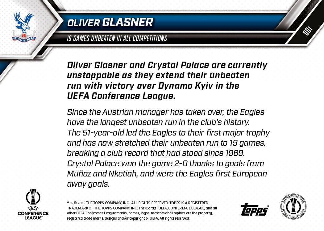 Oliver Glasner - 2025-26 UECL Topps NOW - Card 1 - PR: 224 - Image 7