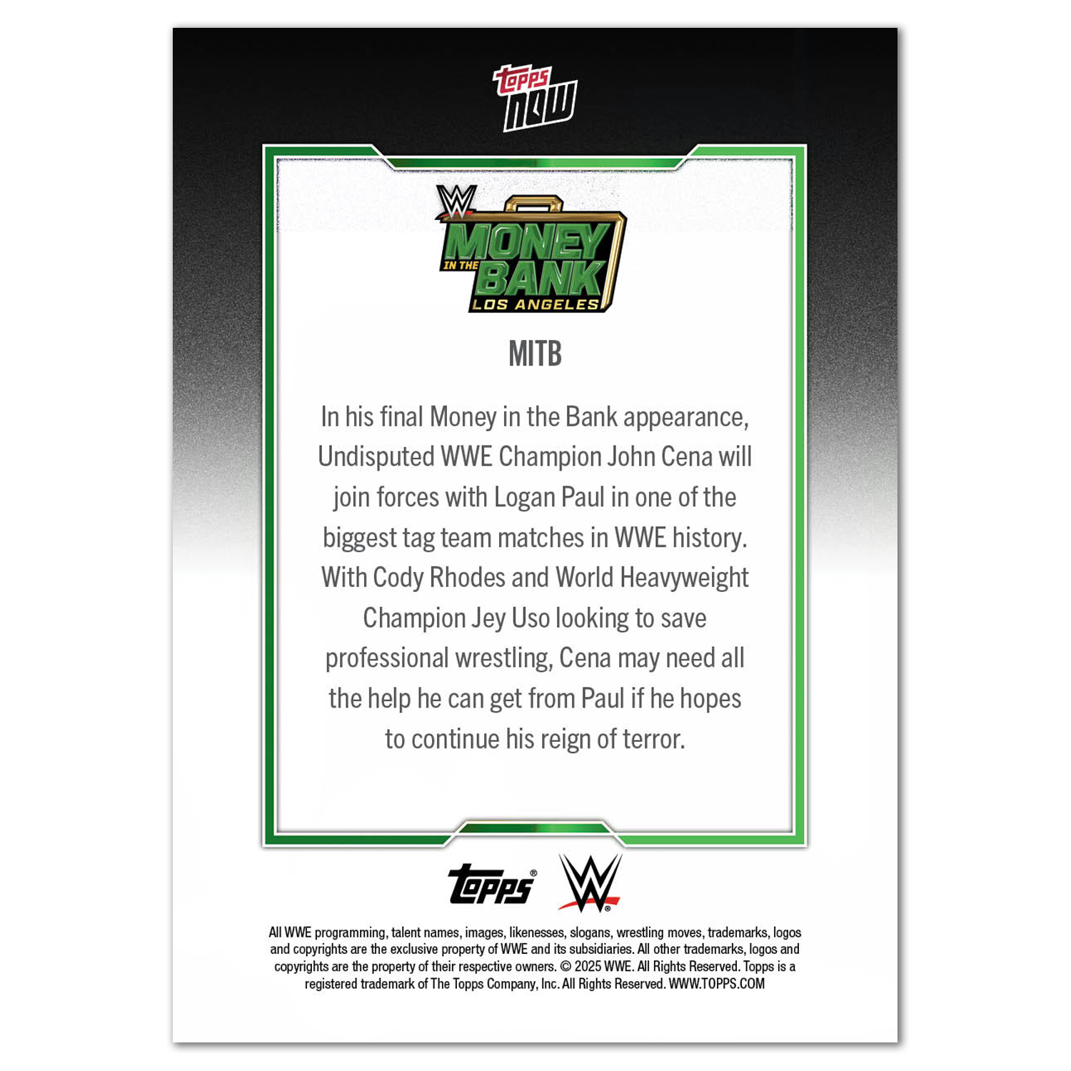 John Cena - 2025 WWE Topps NOW - Card MITB - PR: 2081 - Image 3