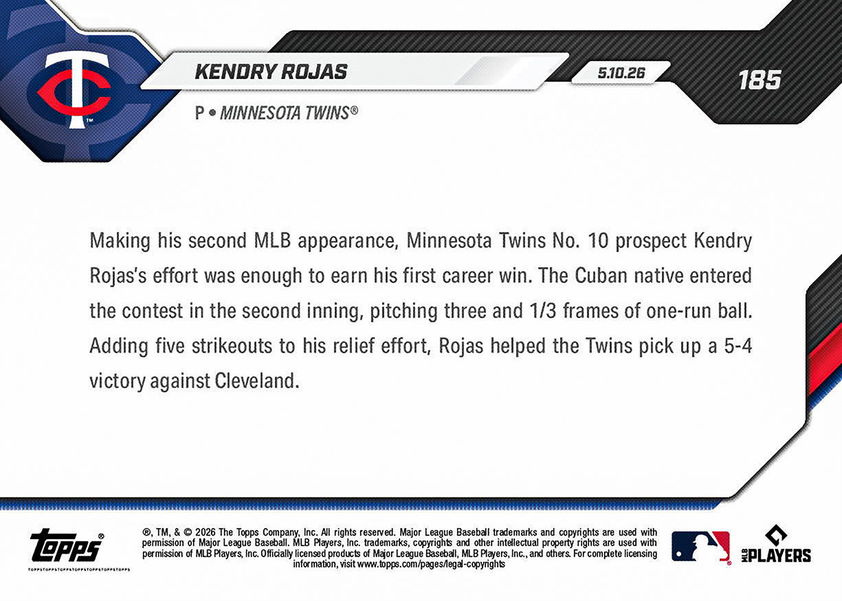 Kendry Rojas - 2026 MLB Topps NOW - Card 185 - PR: 552 - Image 2