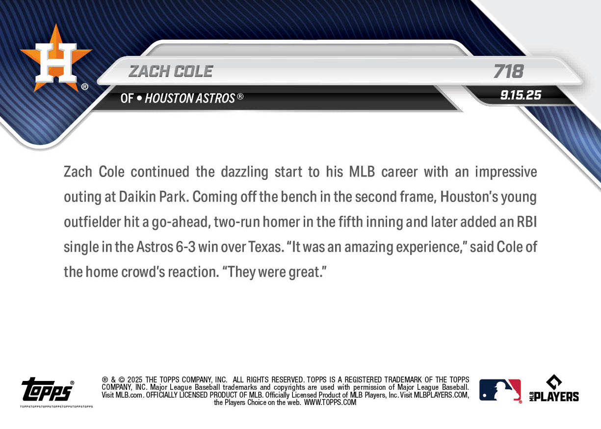 Alternative view of Zach Cole - 2025 MLB Topps NOW - Card 718 - PR: 1091