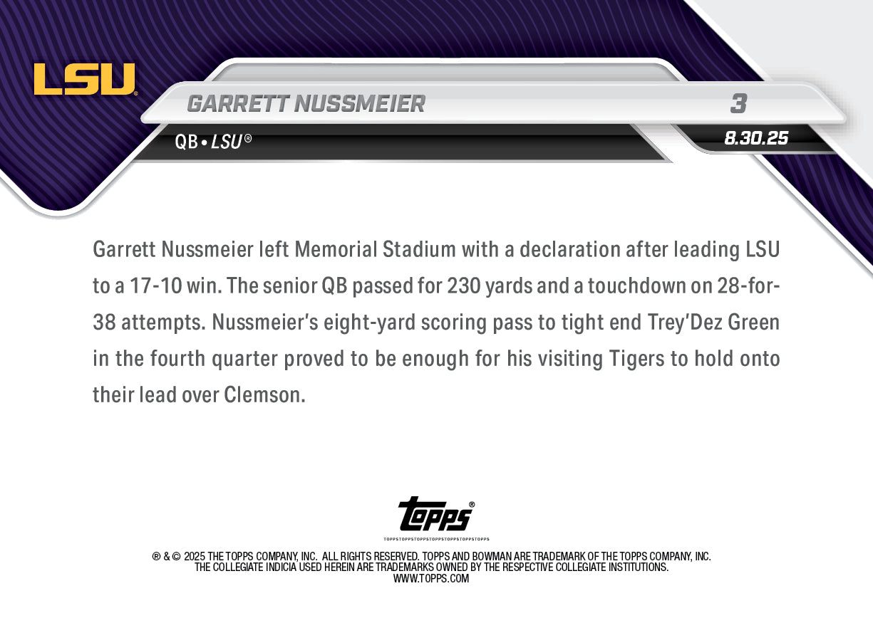 Garrett Nussmeier - 2025-26 Bowman U NOW Football - Card 3 - LOOK FOR RELICS & AUTO-RELIC - PR: 3021 - Image 3