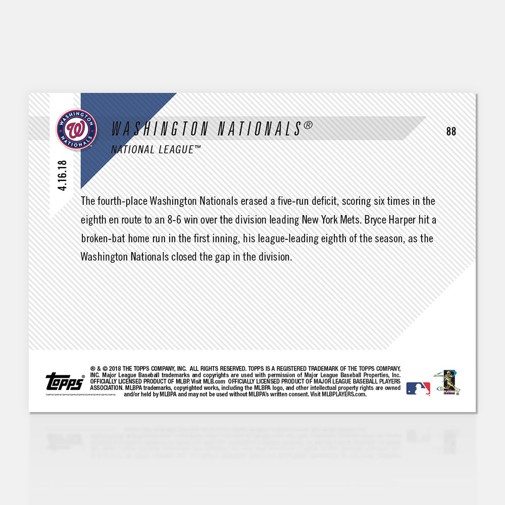Alternative view of Washington Nationals - 04/16/2018 TOPPS NOW Card 88 - Print Run: 289