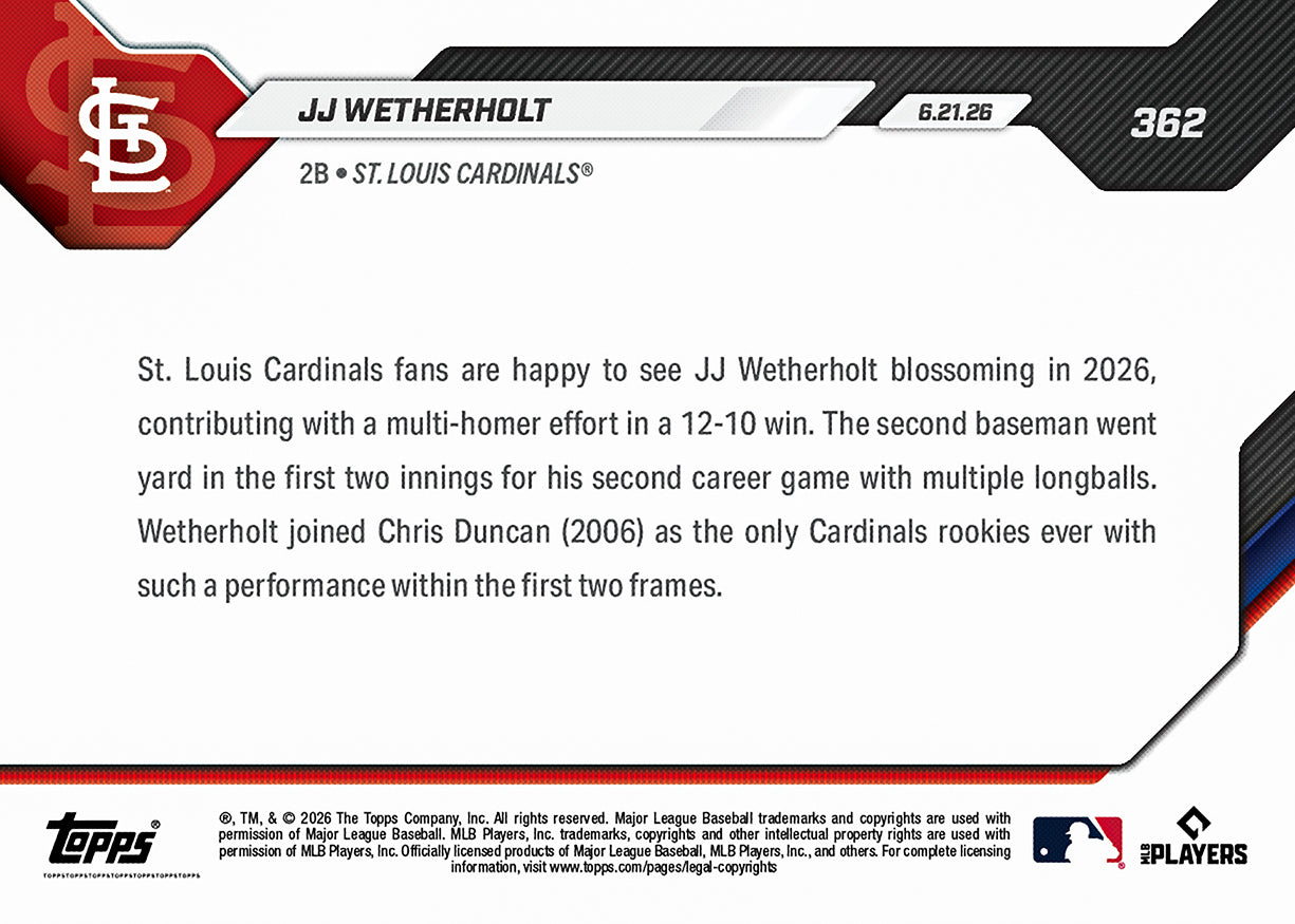 JJ Wetherholt - 2026 MLB Topps NOW - Card 362 - PR: 2393 - Image 2