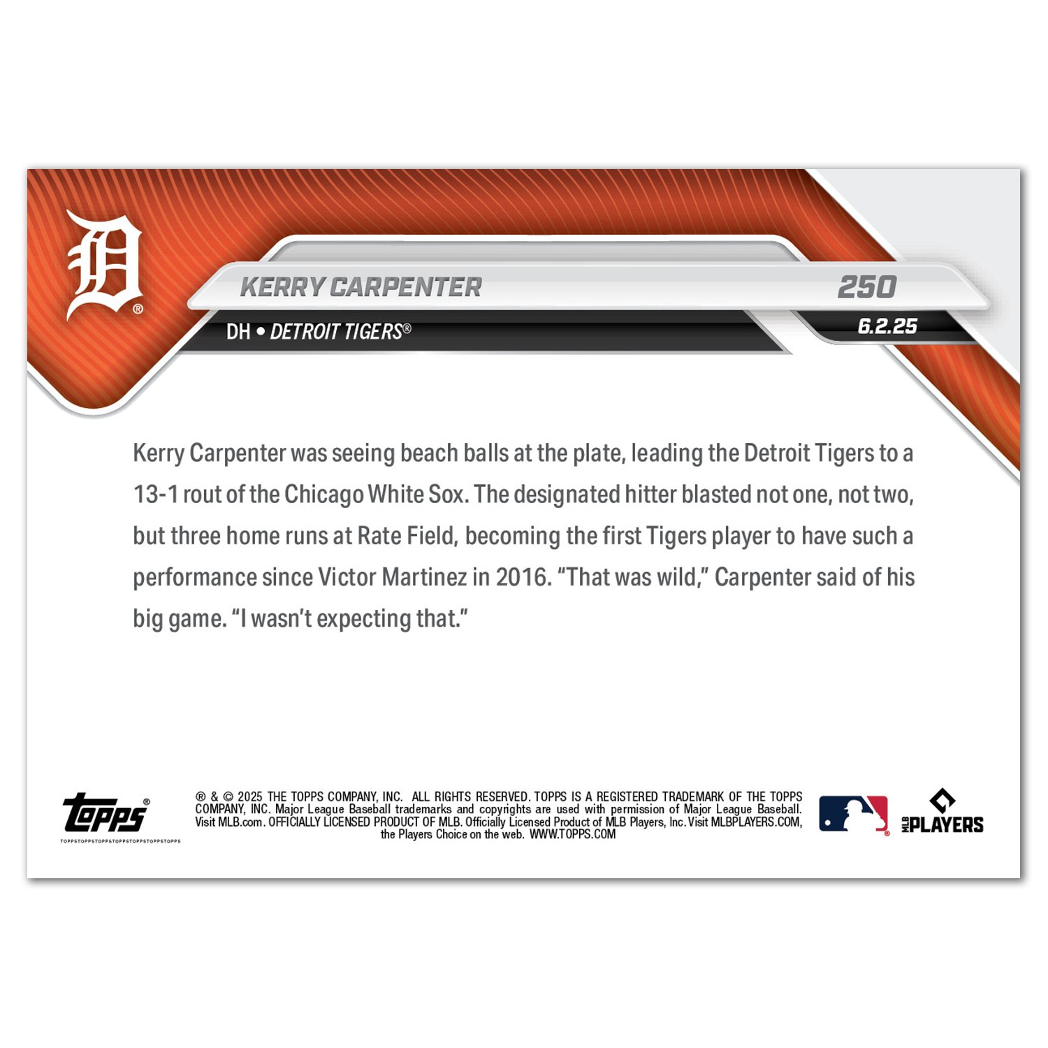 Kerry Carpenter - 2025 MLB Topps NOW - Card 250 - PR: 1443 - Image 2