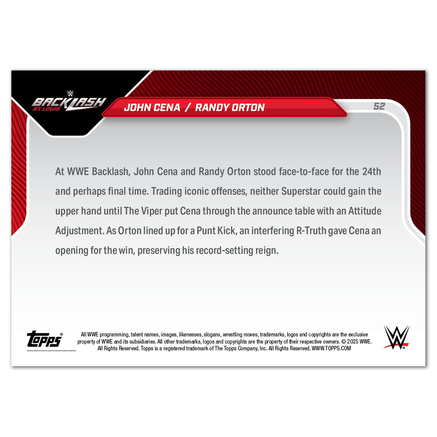 John Cena/Randy Orton - 2025 WWE Topps NOW - Card 52 - PR: 1744 - Image 2