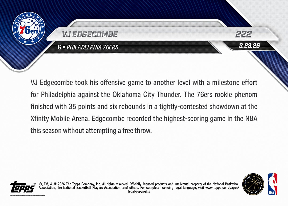Alternative view of VJ Edgecombe - 2025-26 NBA Topps NOW - Card 222 - PR: 1518