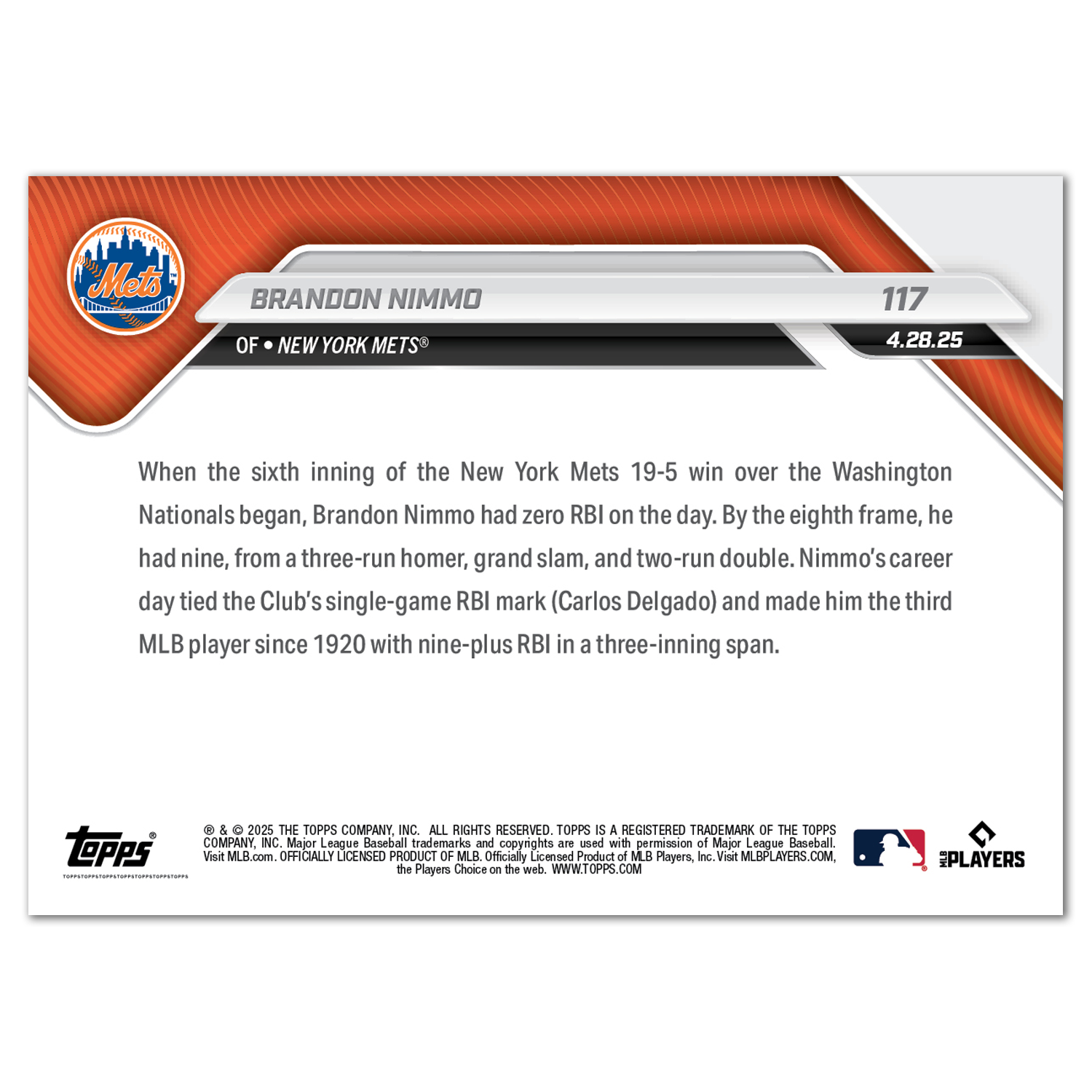 Brandon Nimmo - 2025 MLB Topps NOW - Card 117 - LOOK FOR AUTOS - PR: 1965 - Image 3