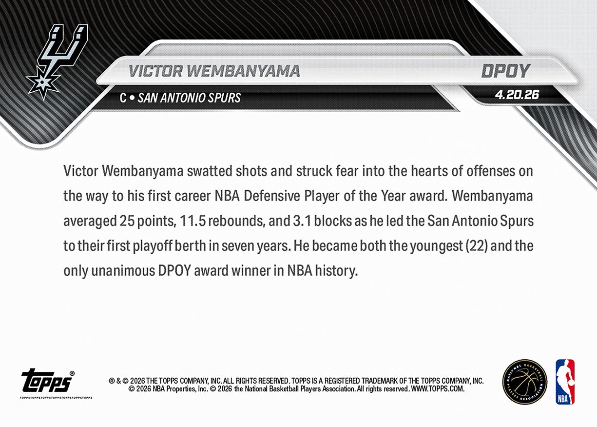 Victor Wembanyama - 2025-26 NBA Topps NOW - Card DPOY - PR: 66956 - Image 4