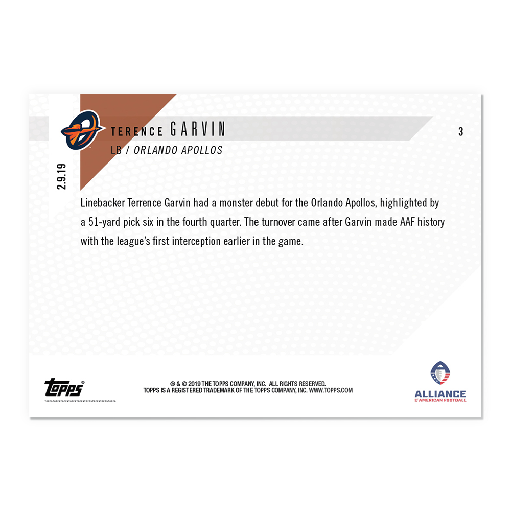 Alternative view of Terence Garvin - AAF TOPPS NOW Card 3 - Print Run: 312