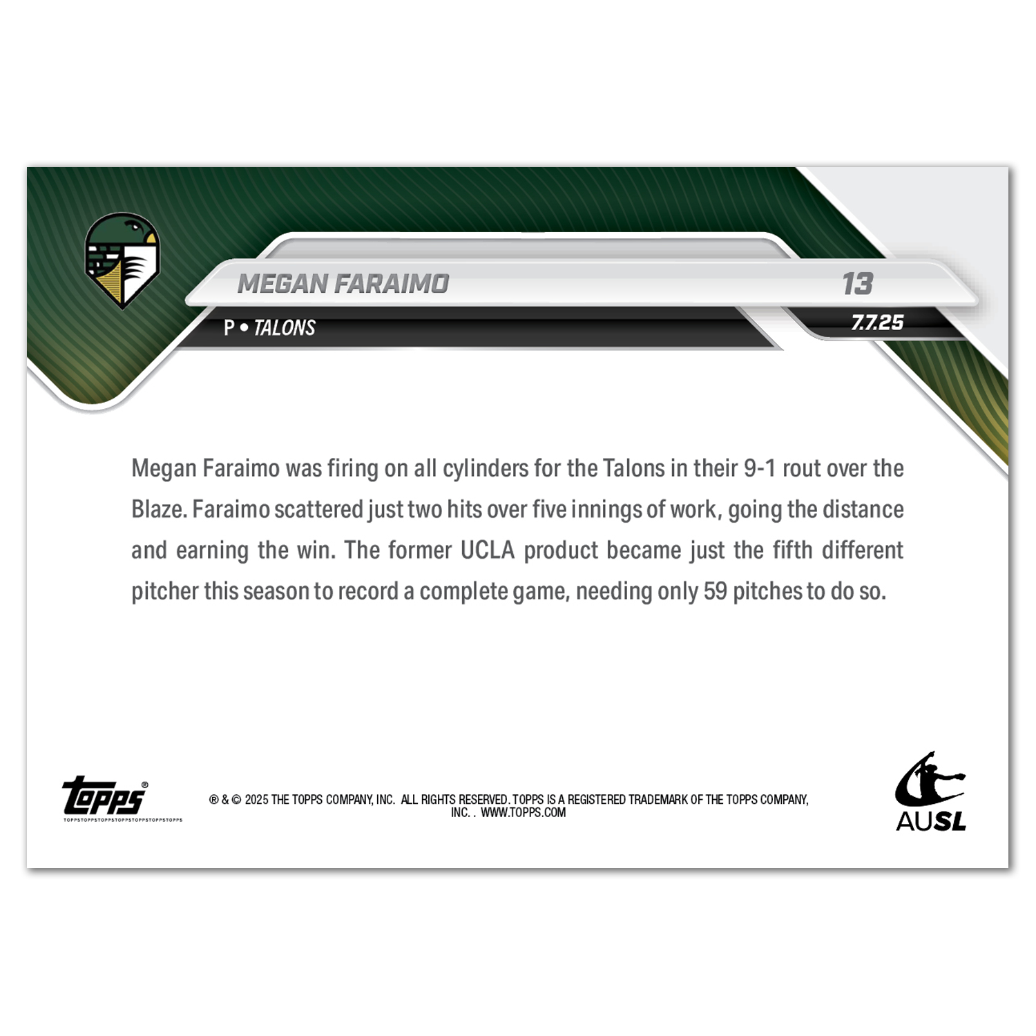 Megan Faraimo - 2025 AUSL Topps NOW - Card 13 - PR: 733 - Image 2