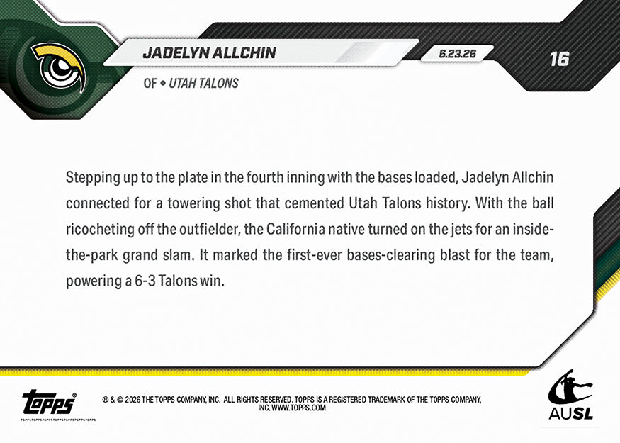 Jadelyn Allchin - 2026 AUSL Topps NOW - Card 16 - PR: 860 - Image 3