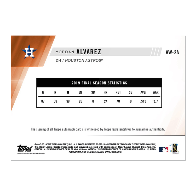 On-Card Auto # to 99 - Yordan Alvarez - MLB TOPPS NOW Card AW02A - Image 2