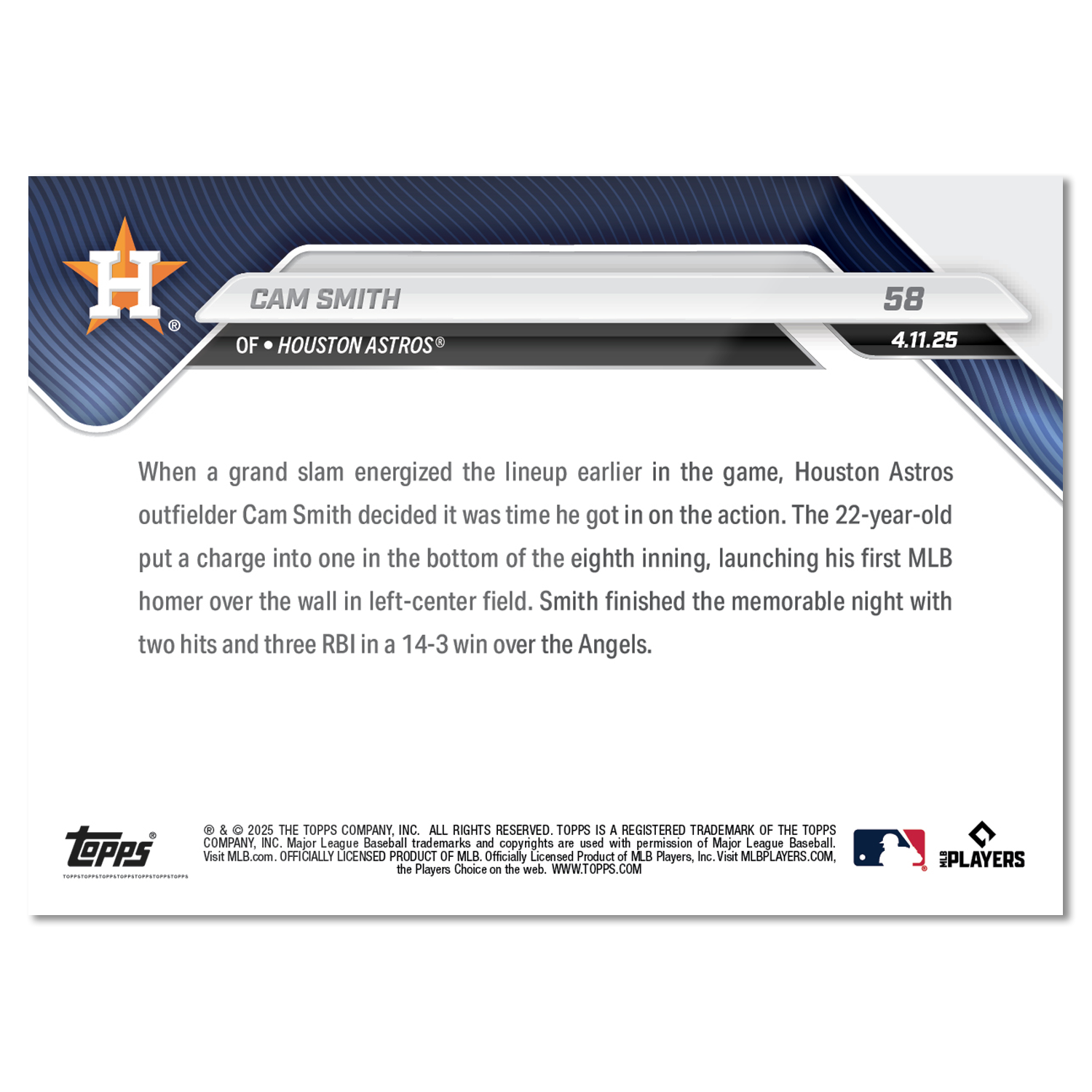 Cam Smith - 2025 MLB Topps NOW - Card 58 - PR: 2794 - Image 3