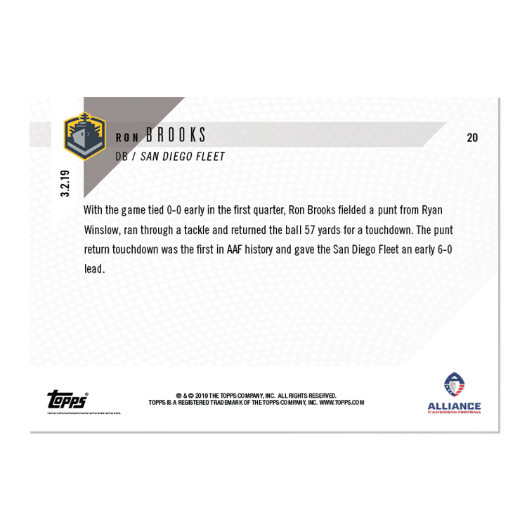 Alternative view of Ron Brooks - AAF TOPPS NOW Card 20 - Print Run: 145