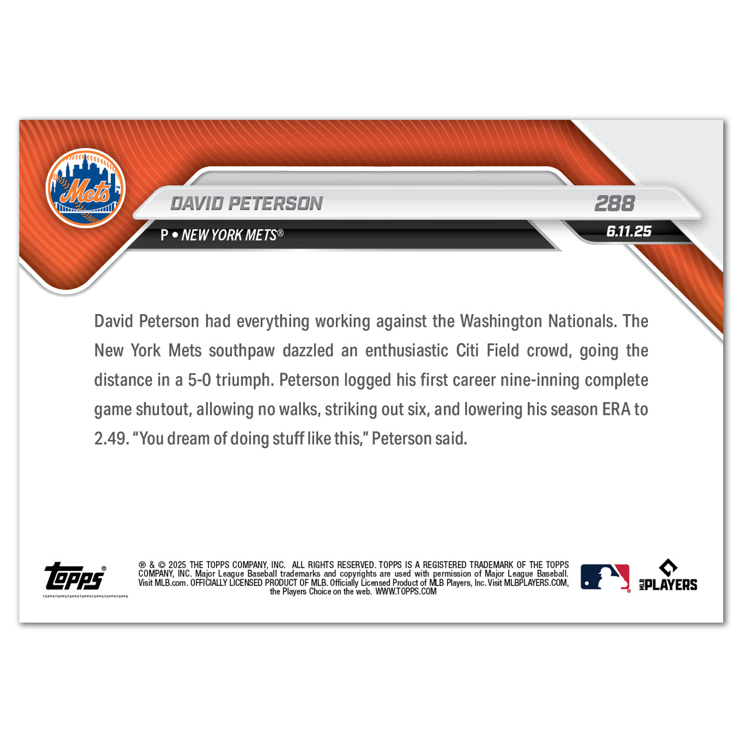 David Peterson - 2025 MLB Topps NOW - Card 288 - PR: 834 - Image 2