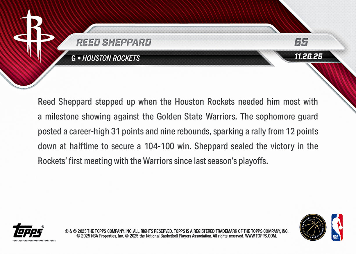 Reed Sheppard - 2025-26 NBA Topps NOW - Card 65 - PR: 625 - Image 2
