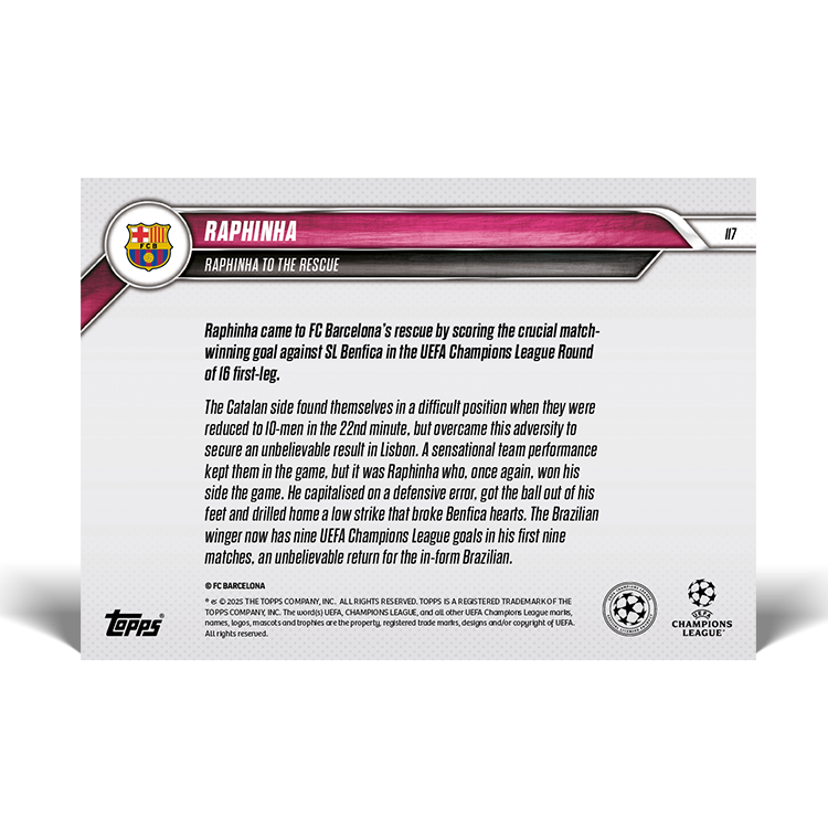 Raphinha - 2024-25 UCL Topps NOW Card 117 - PR: 431 - Image 2