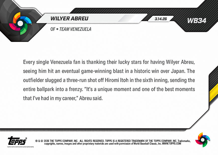 Wilyer Abreu - 2026 World Baseball Classic Topps NOW - Card 34 - PR: 1331 - Image 2
