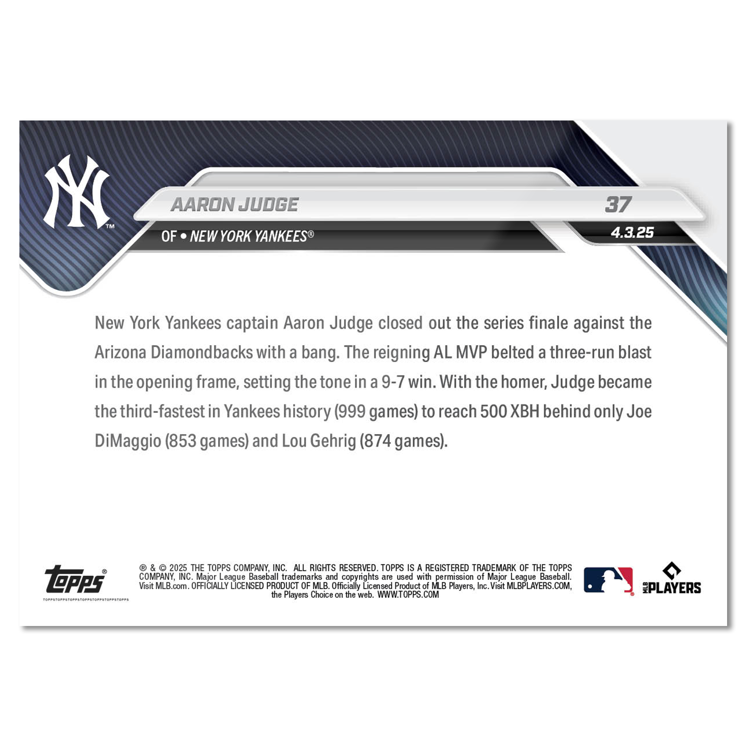 Alternative view of Aaron Judge - 2025 MLB Topps NOW - Card 37 - PR: 3033