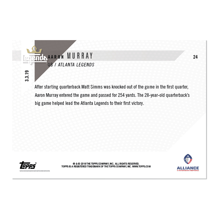 Alternative view of Aaron Murray - AAF TOPPS NOW Card 24 - Print Run: 164