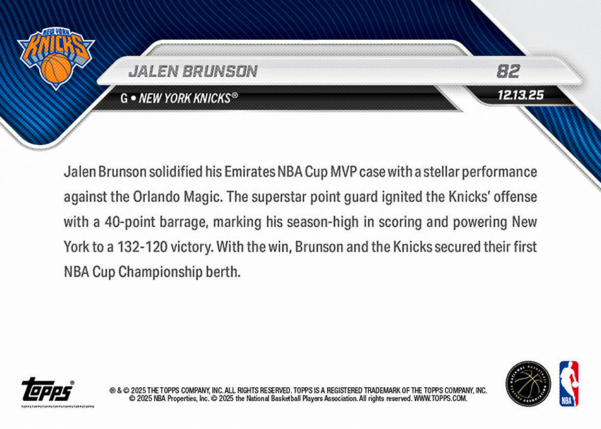 Jalen Brunson - 2025-26 NBA Topps NOW - Card 82 - PR: 1314 - Image 3