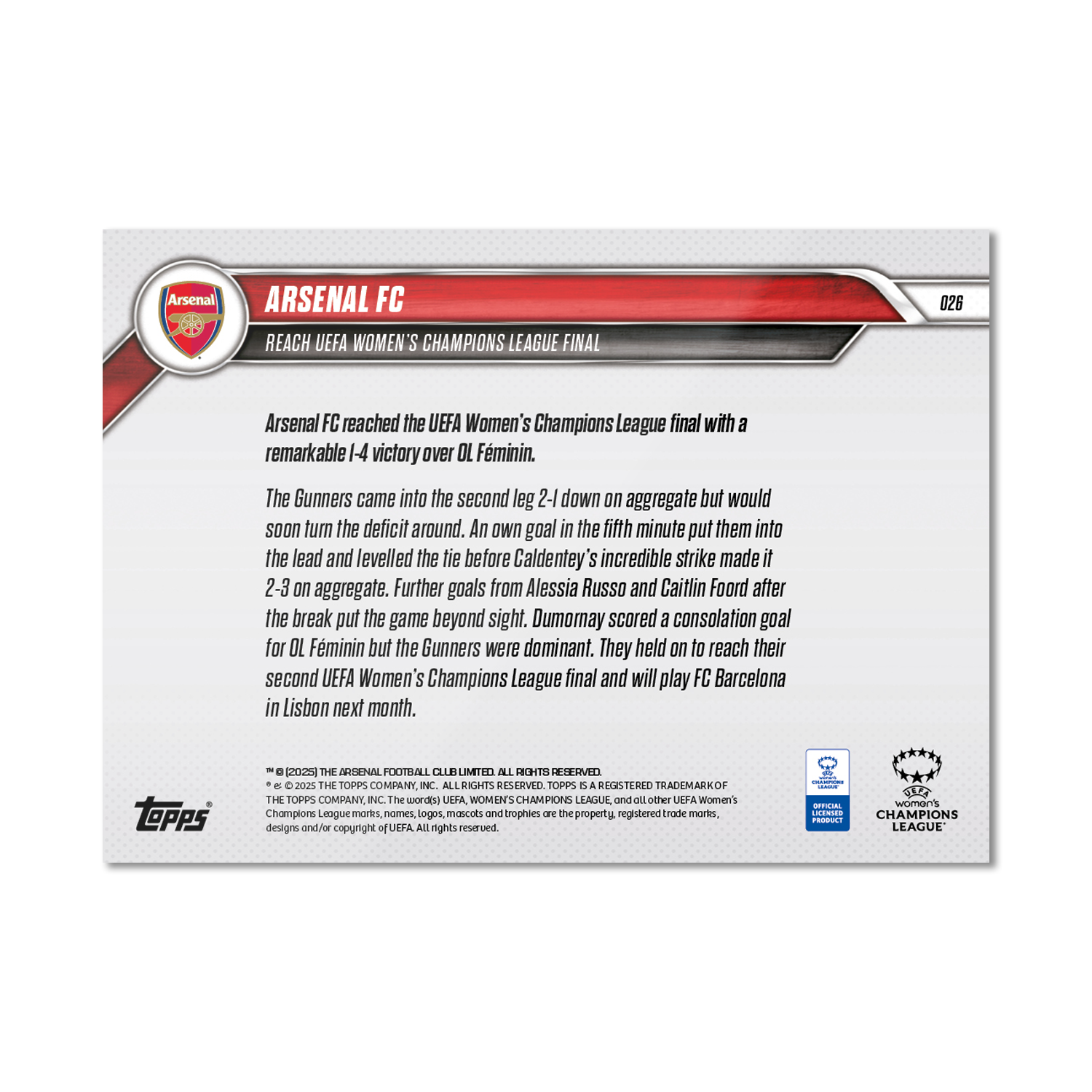 Arsenal FC - 2024-25 UWCL Topps NOW - Card 26 - PR: 313 - Image 7