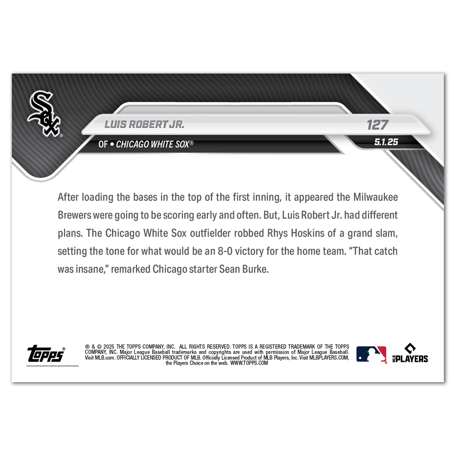 Luis Robert Jr. - 2025 MLB Topps NOW - Card 127 - PR: 292 - Image 2
