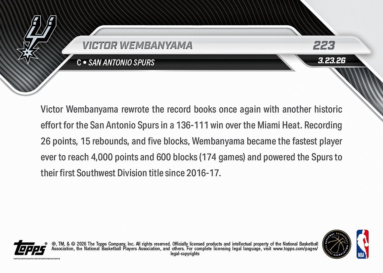 Victor Wembanyama - 2025-26 NBA Topps NOW - Card 223 - PR: 3741 - Image 2