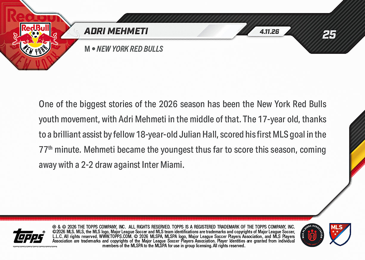 Alternative view of Adri Mehmeti - 2026 MLS Topps NOW - Card 25 - PR: 1541