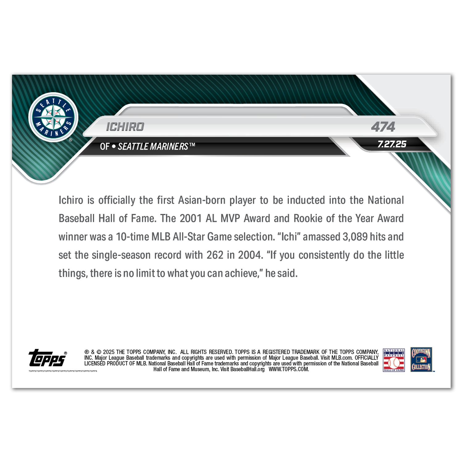 Ichiro - 2025 MLB Topps NOW - Card 474 - LOOK FOR AUTOS - PR: 11993 - Image 3