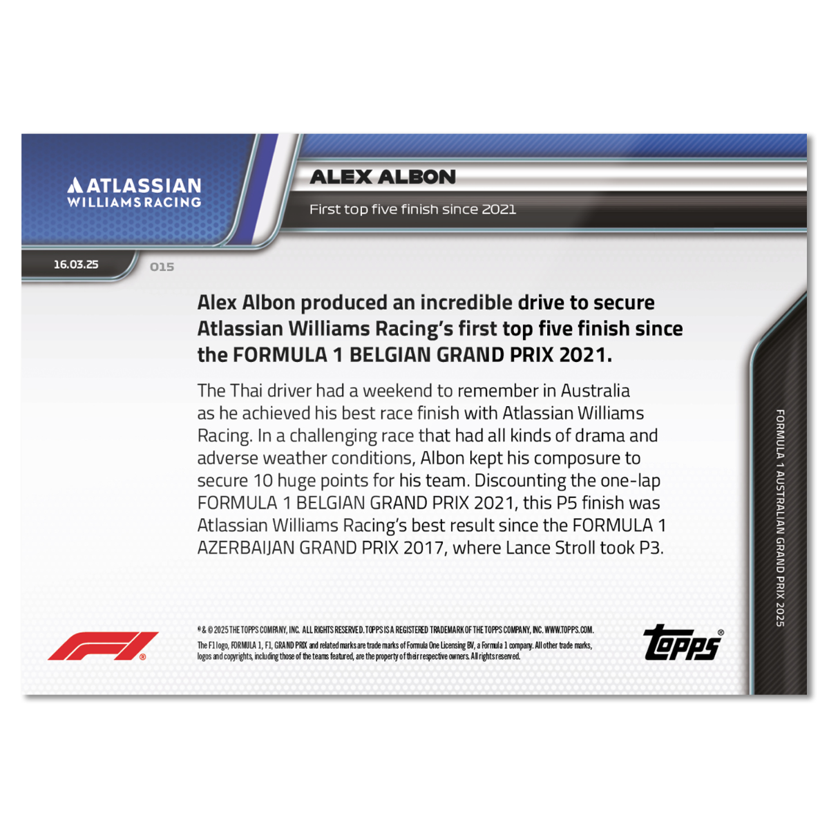 Alex Albon - 2025 Formula 1 Topps NOW Card 15 - PR: 652 - Image 2