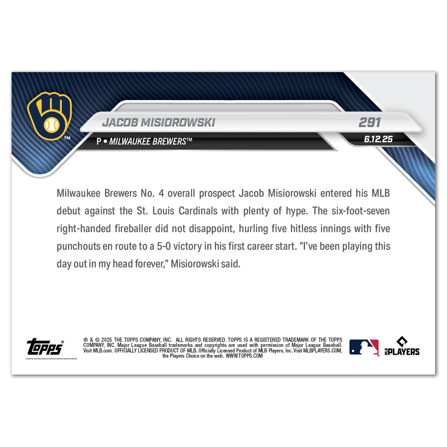 Jacob Misiorowski - 2025 MLB Topps NOW - Card 291 - PR: 4122 - Image 2