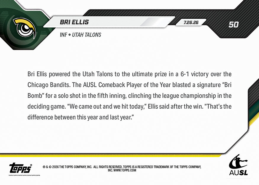 Bri Ellis - 2026 AUSL Topps NOW - Card 50 - PR: 1269 - Image 3