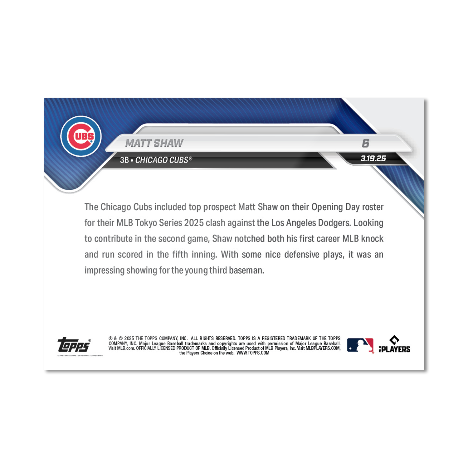 Matt Shaw - 2025 MLB Topps NOW - Card 6 - PR: 3053 - Image 2